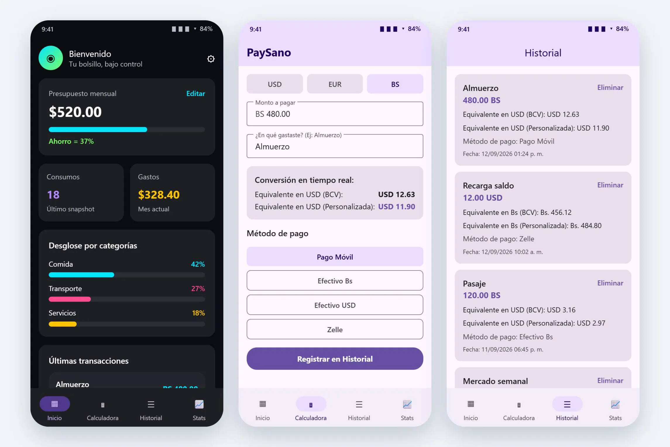 Pantallas de la app PaySano: inicio, calculadora e historial