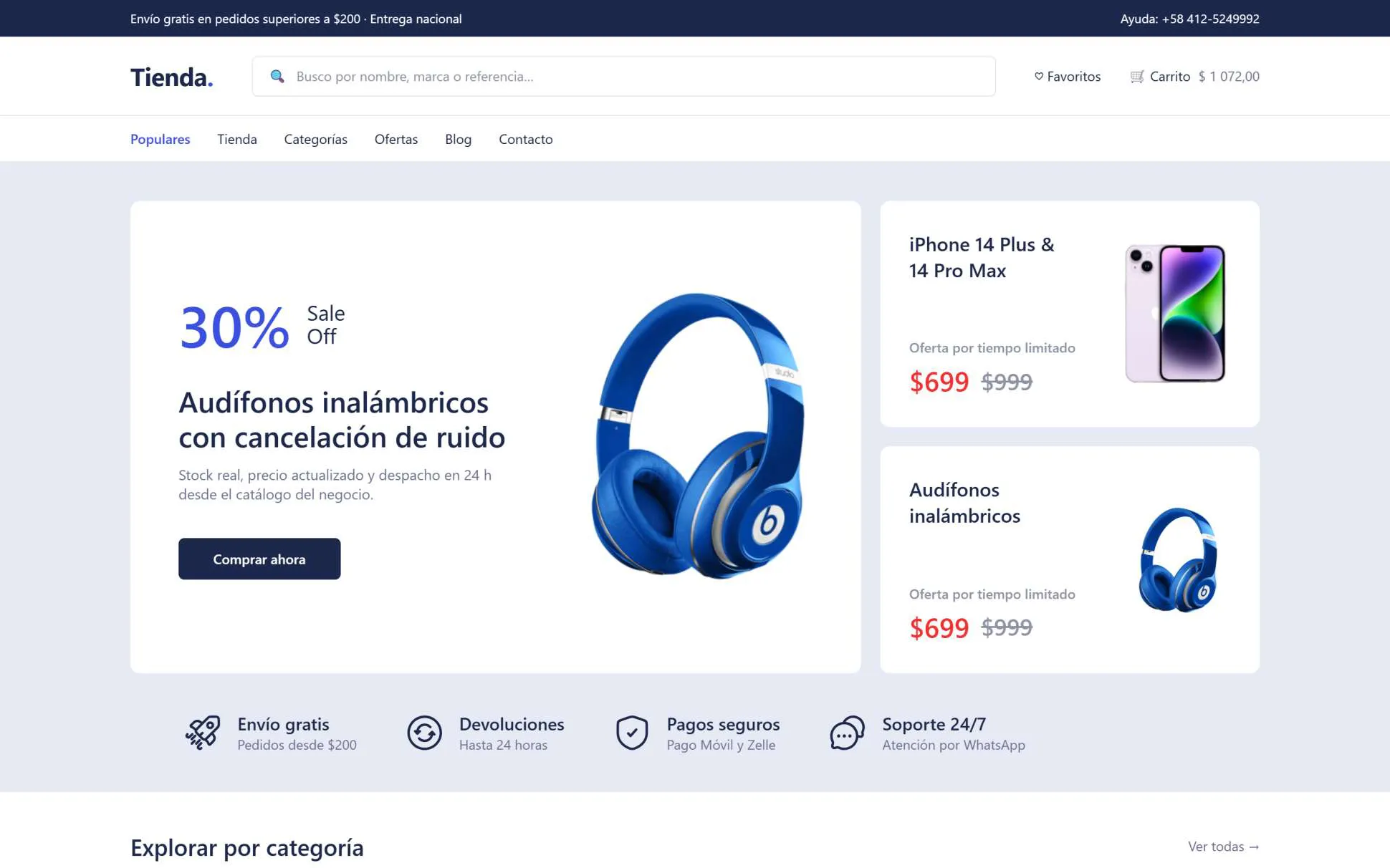 Página de inicio de una tienda online con ofertas y categorías